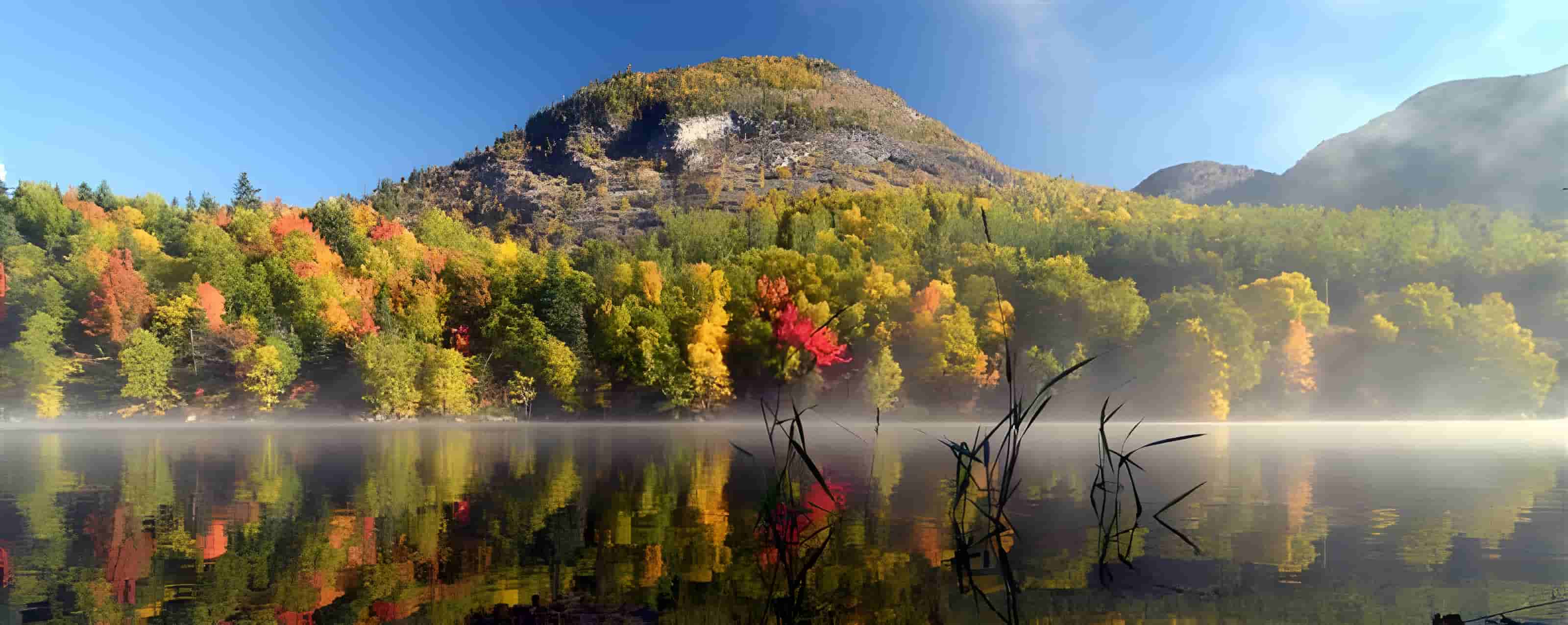 Un lac entouré d'arbres et d'une montagne.